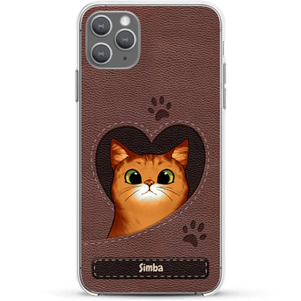 Cat heart leather look - Personalised Phone Case