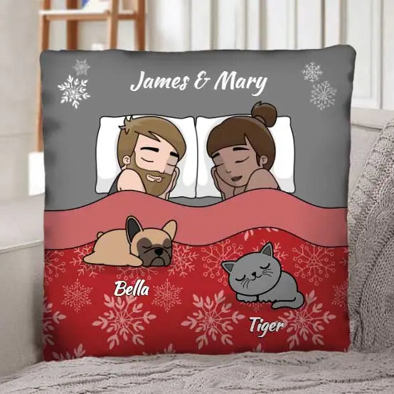 Christmas cuddle time with pets - personalised pillow