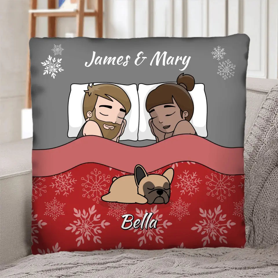 Christmas cuddle time with pets - personalised pillow