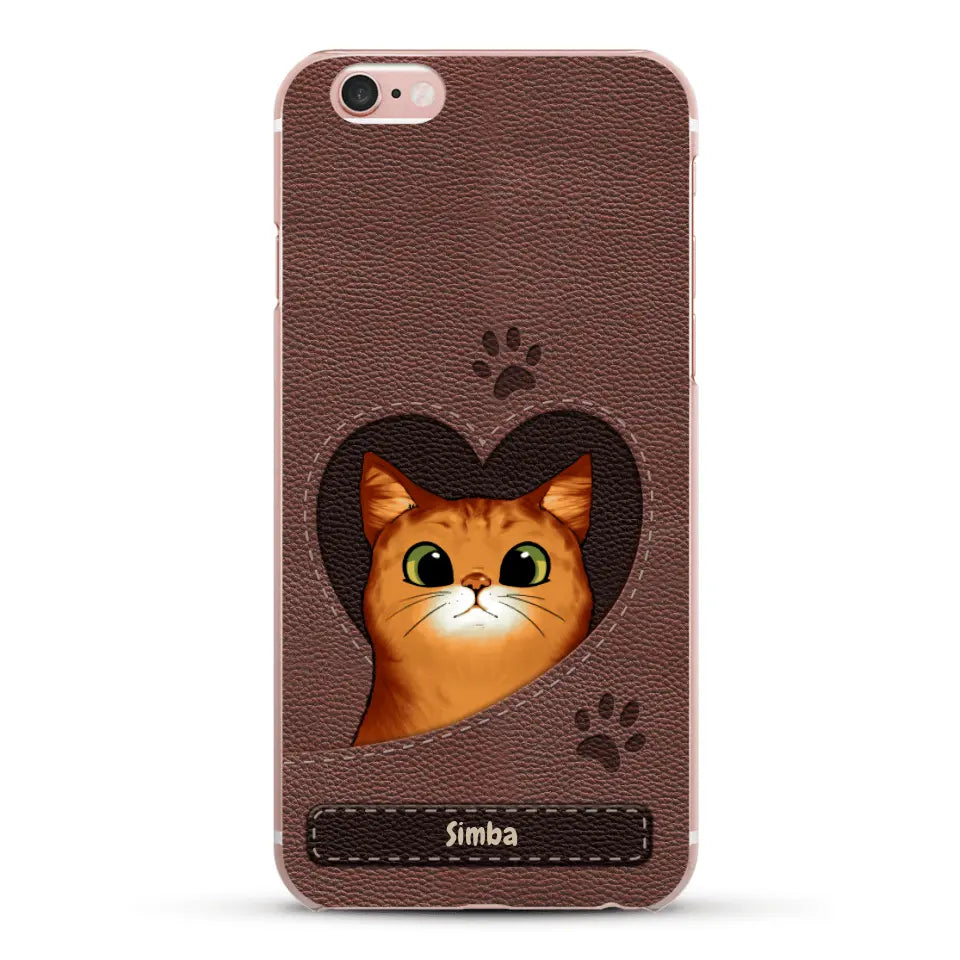 Cat heart leather look - Personalised Phone Case