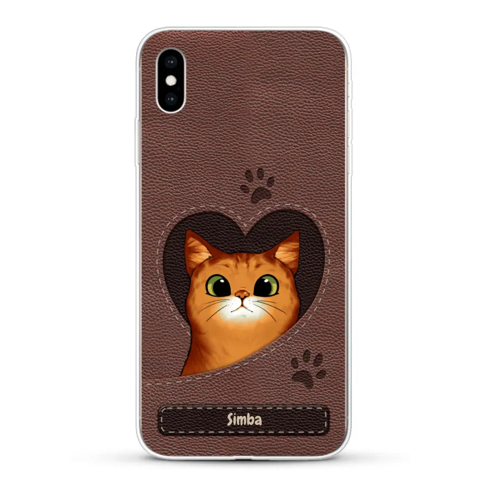 Cat heart leather look - Personalised Phone Case