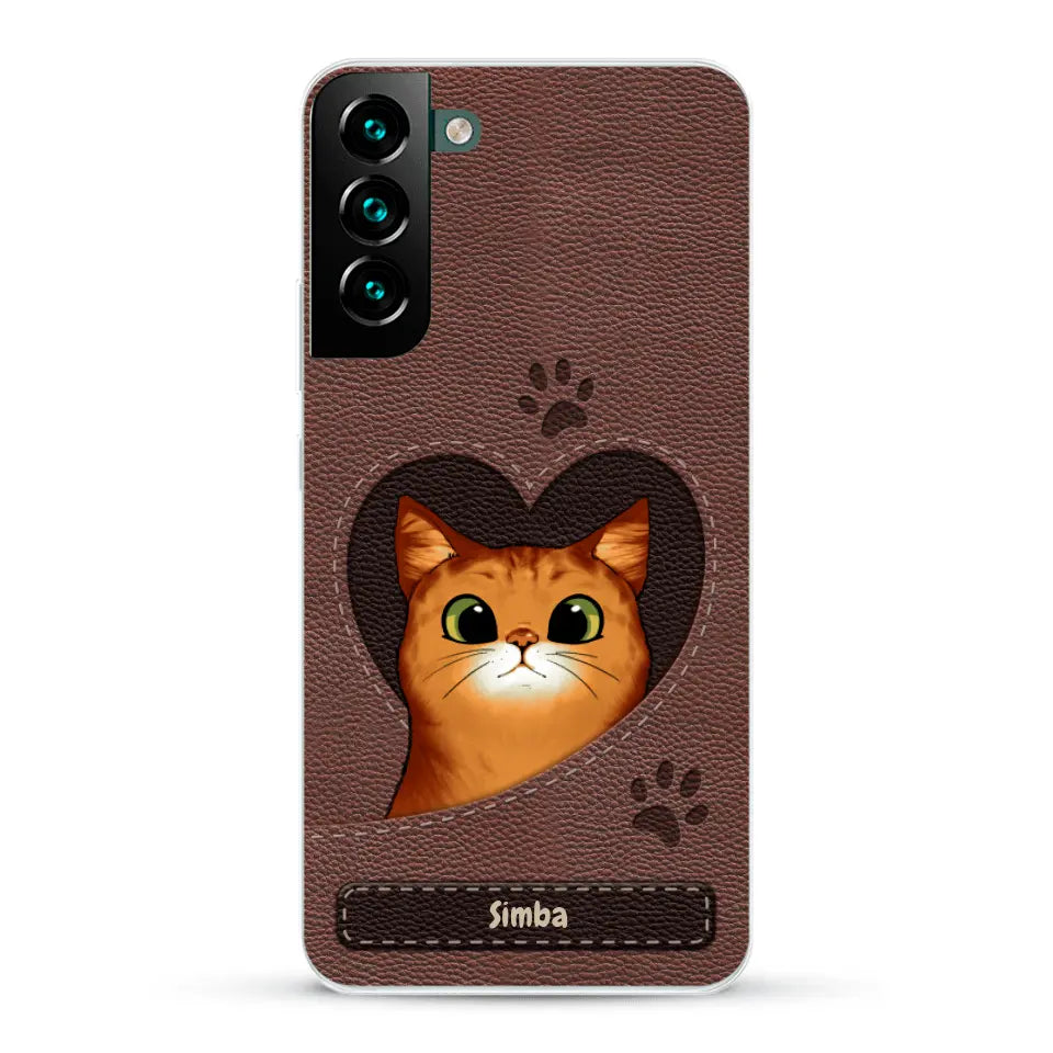 Cat heart leather look - Personalised Phone Case