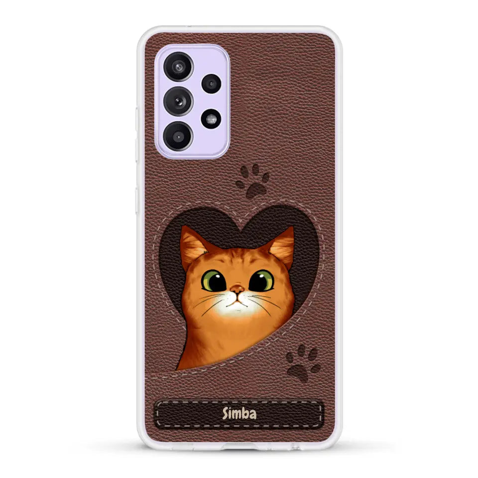 Cat heart leather look - Personalised Phone Case