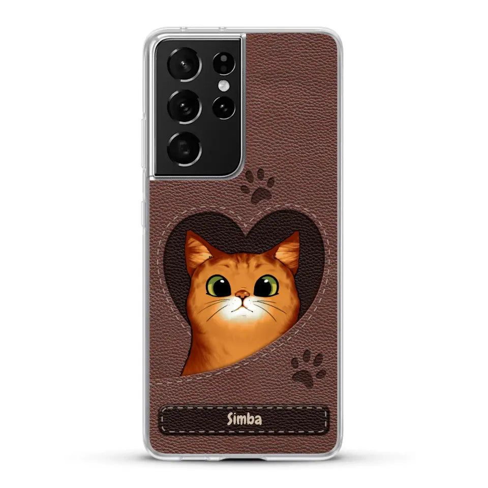 Cat heart leather look - Personalised Phone Case