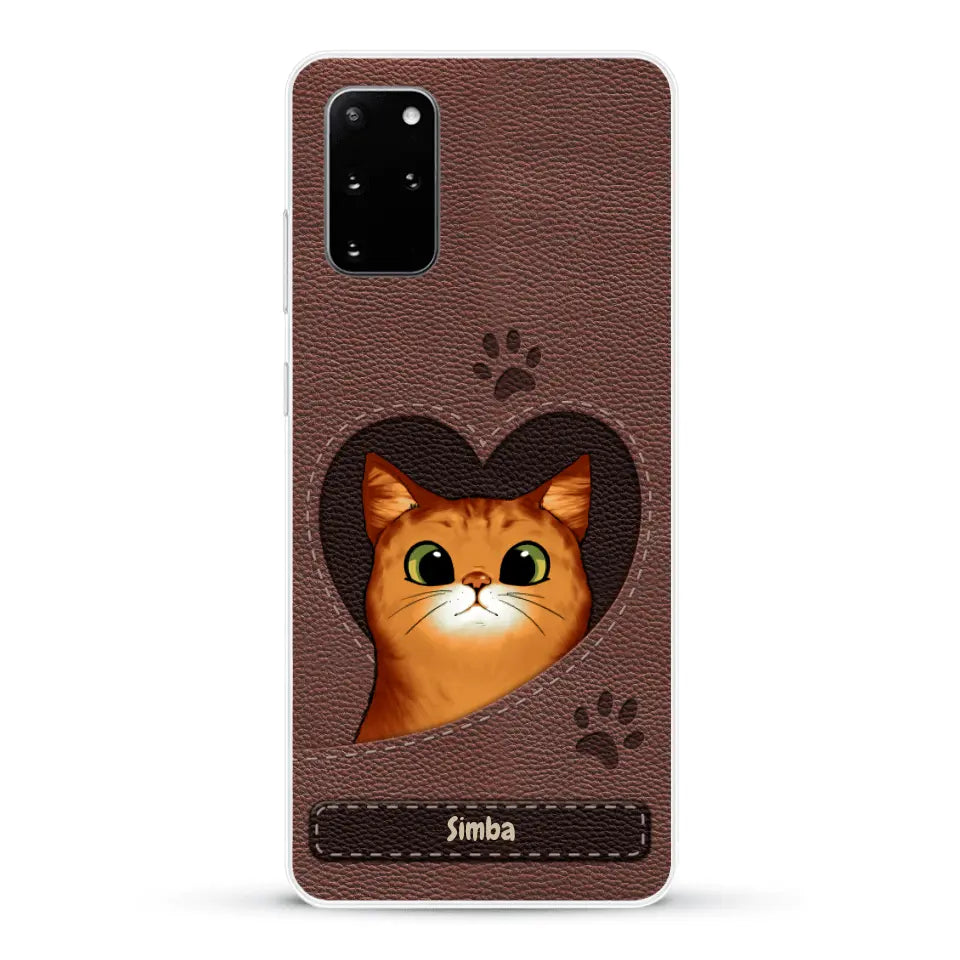 Cat heart leather look - Personalised Phone Case