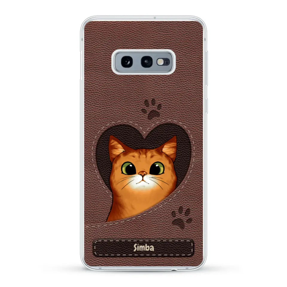 Cat heart leather look - Personalised Phone Case