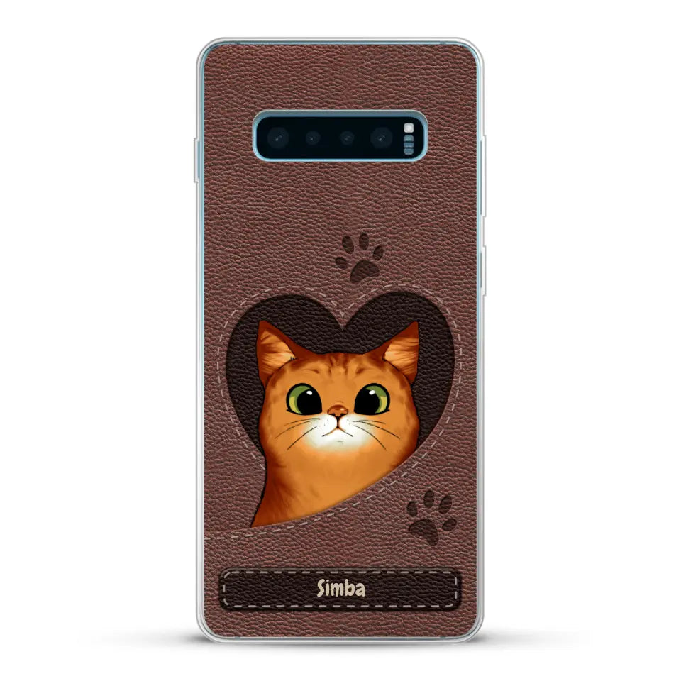 Cat heart leather look - Personalised Phone Case