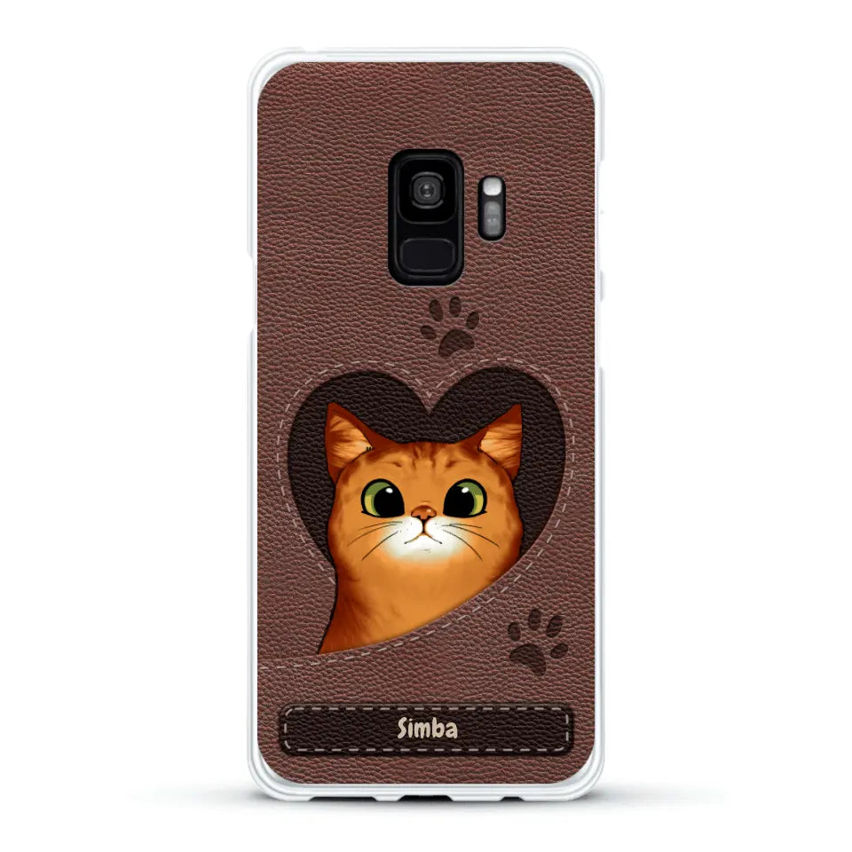 Cat heart leather look - Personalised Phone Case