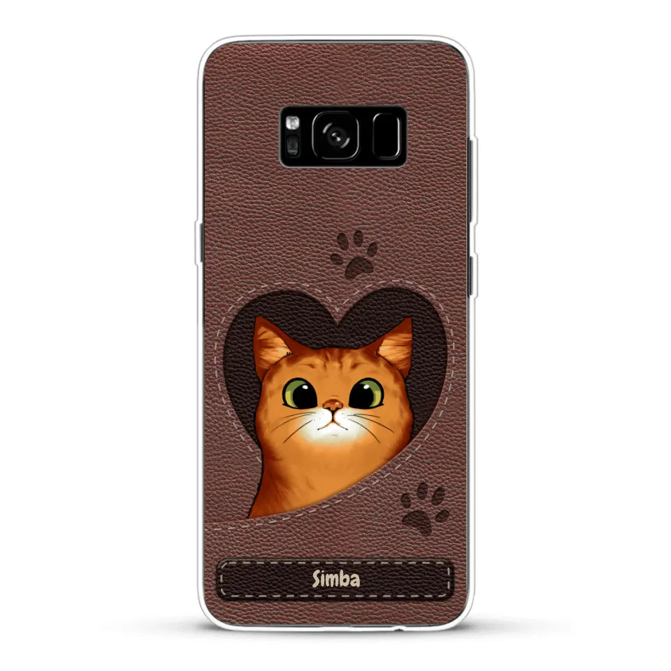 Cat heart leather look - Personalised Phone Case