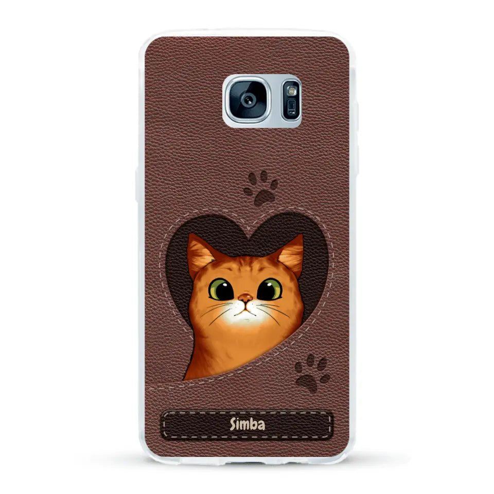 Cat heart leather look - Personalised Phone Case