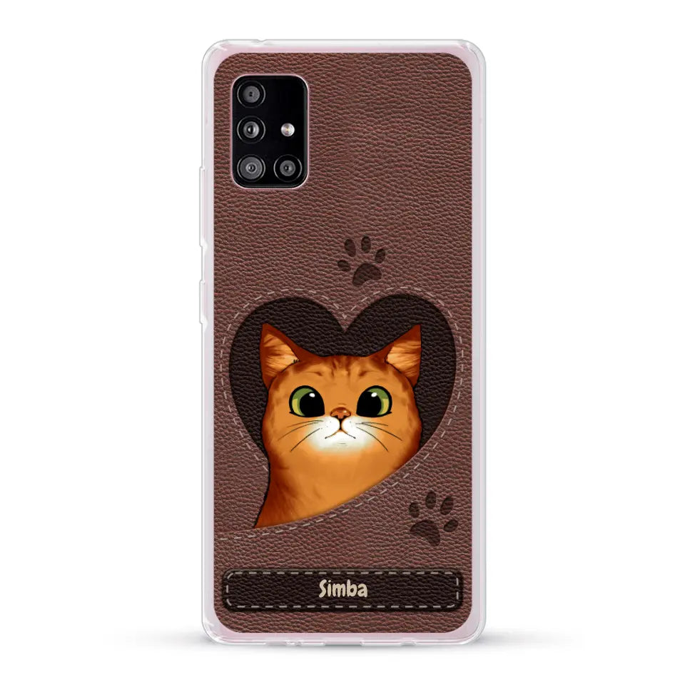 Cat heart leather look - Personalised Phone Case