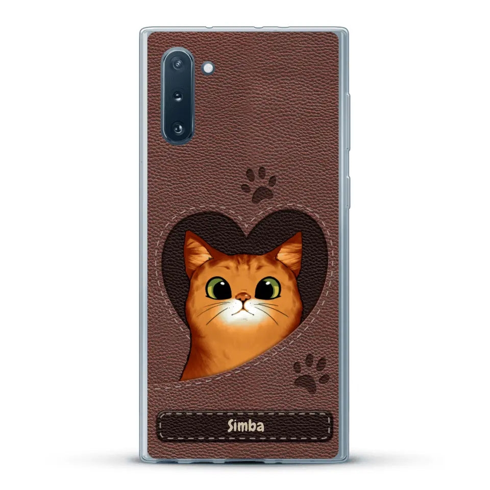 Cat heart leather look - Personalised Phone Case