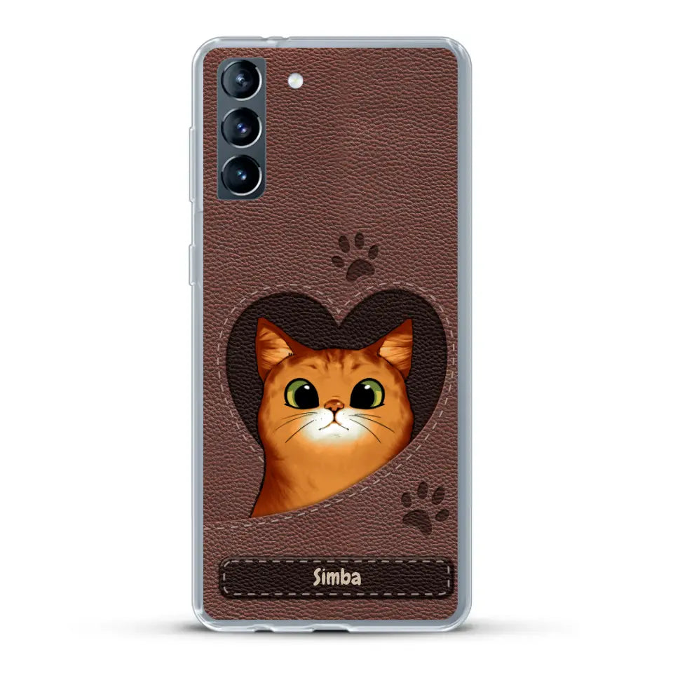 Cat heart leather look - Personalised Phone Case