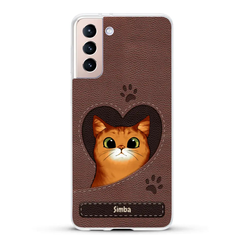 Cat heart leather look - Personalised Phone Case