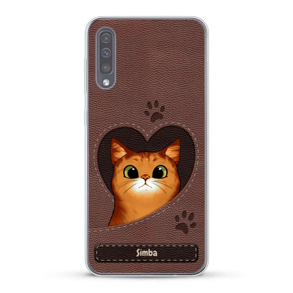 Cat heart leather look - Personalised Phone Case