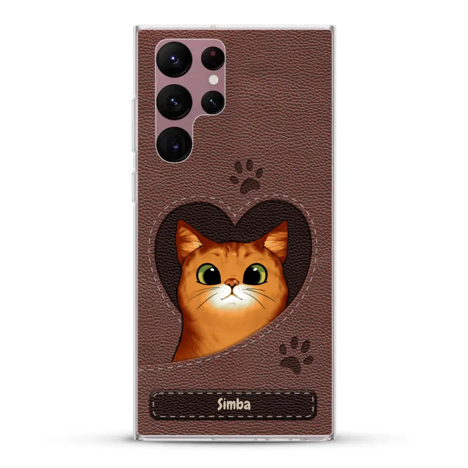 Cat heart leather look - Personalised Phone Case