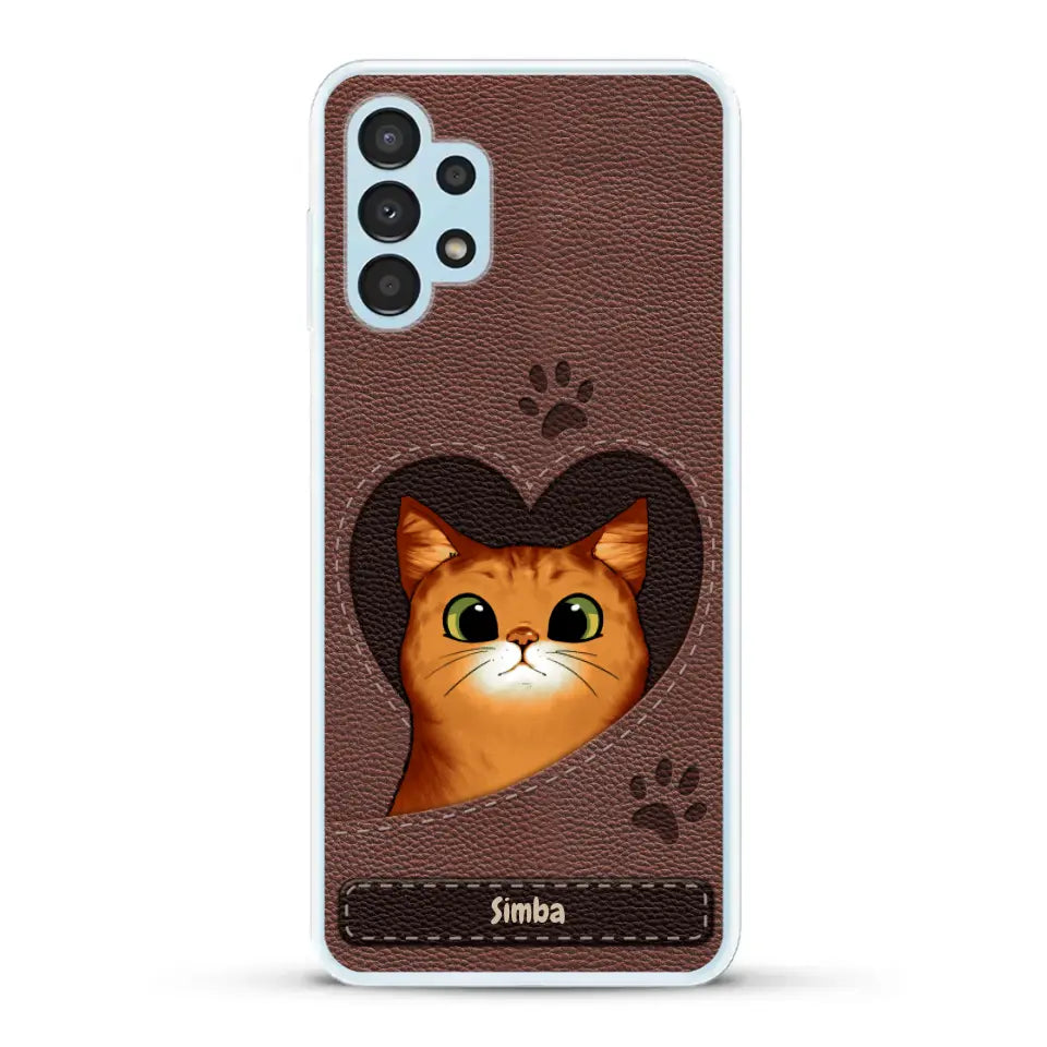 Cat heart leather look - Personalised Phone Case