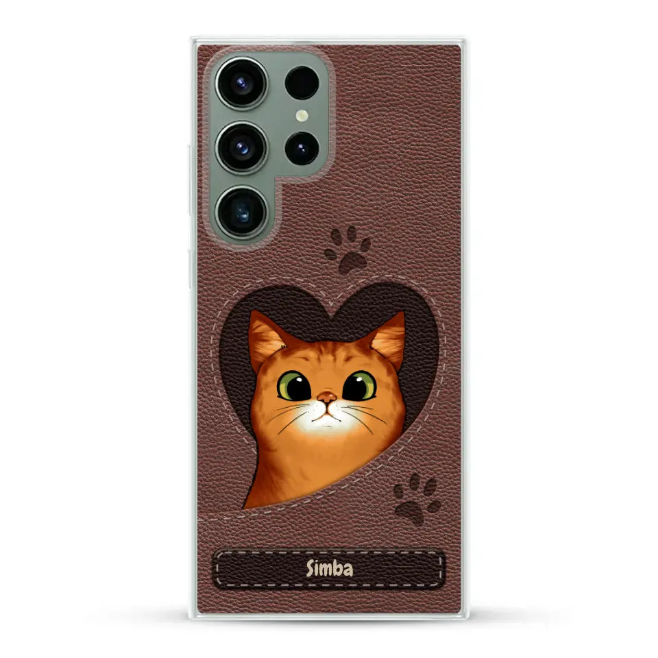 Cat heart leather look - Personalised Phone Case