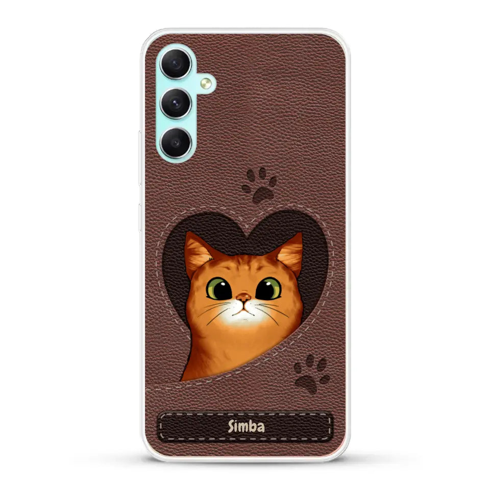 Cat heart leather look - Personalised Phone Case