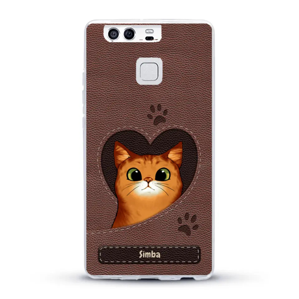 Cat heart leather look - Personalised Phone Case