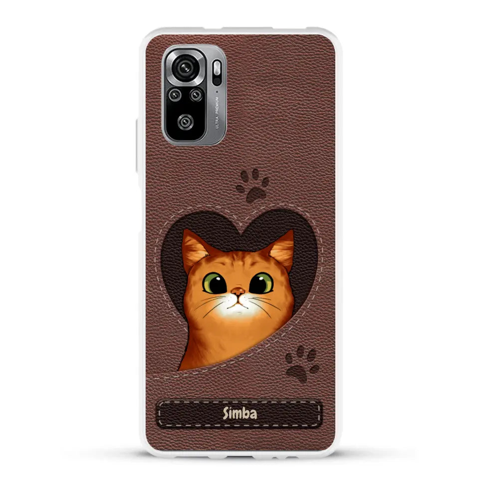 Cat heart leather look - Personalised Phone Case