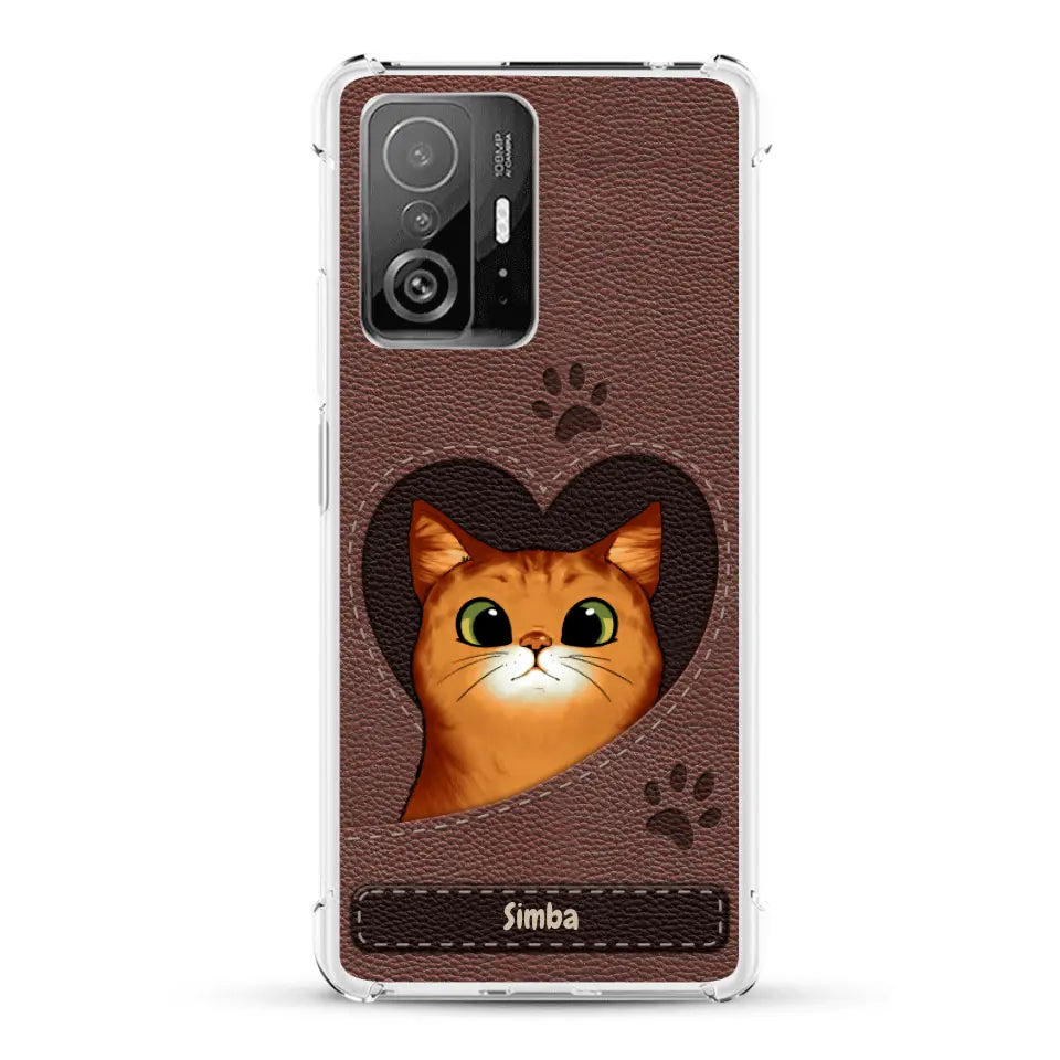 Cat heart leather look - Personalised Phone Case