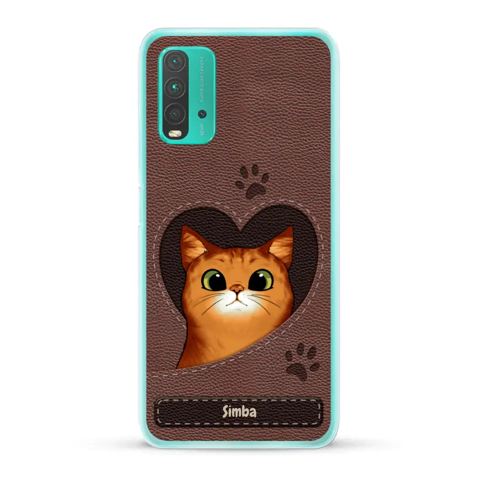 Cat heart leather look - Personalised Phone Case