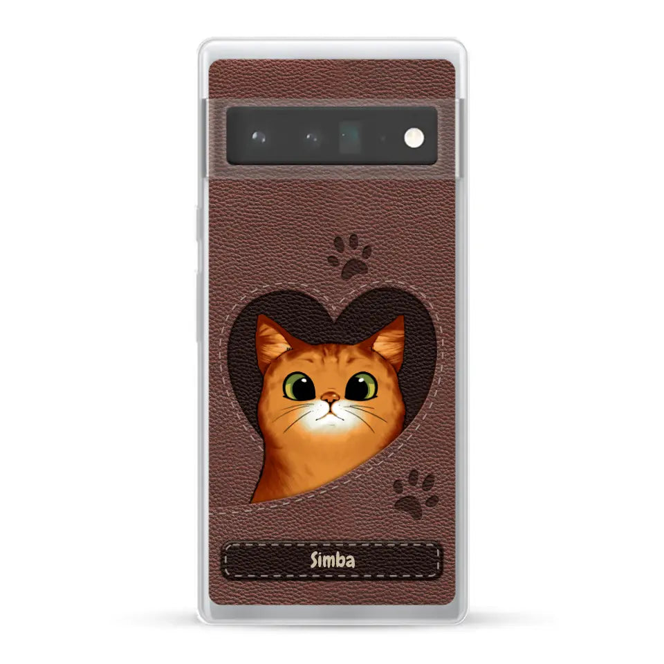 Cat heart leather look - Personalised Phone Case