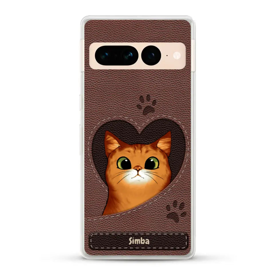 Cat heart leather look - Personalised Phone Case