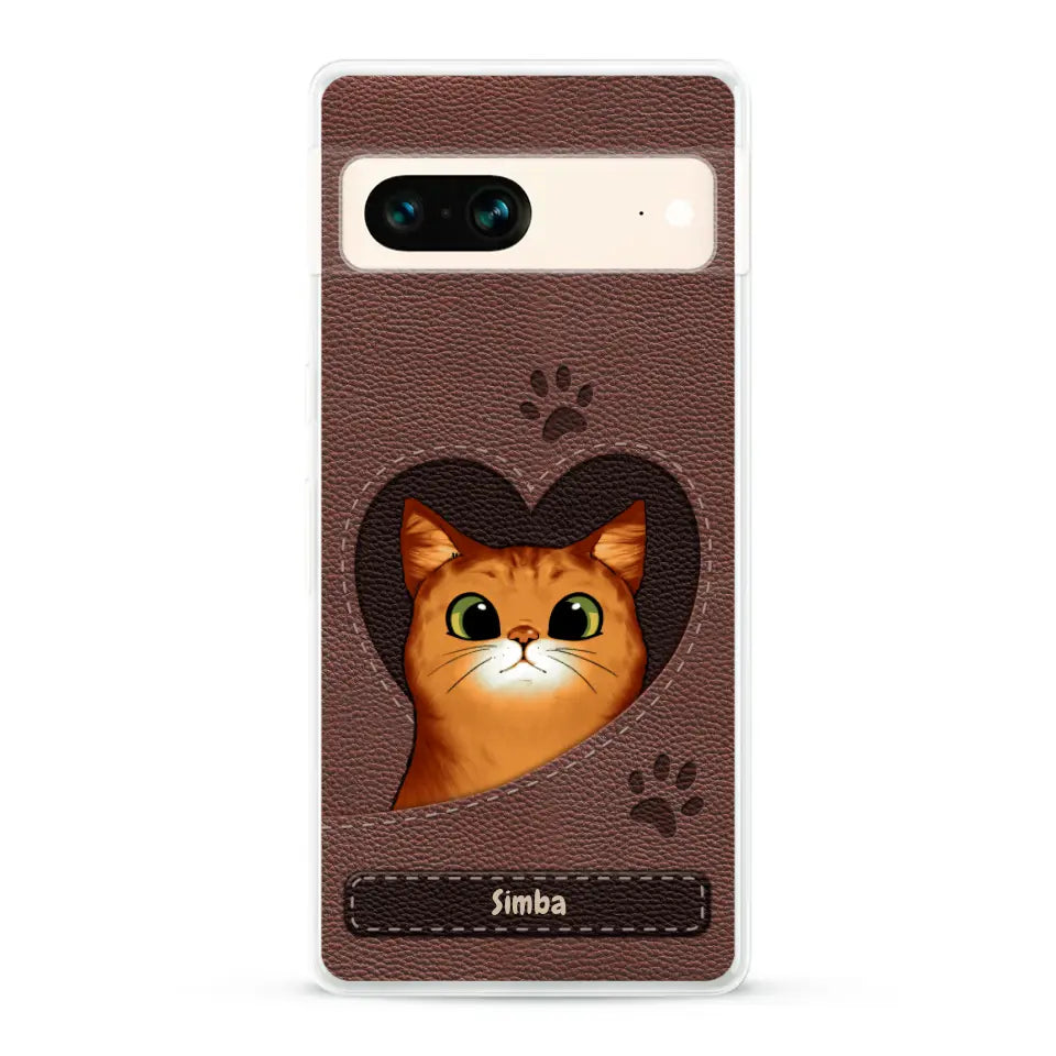 Cat heart leather look - Personalised Phone Case