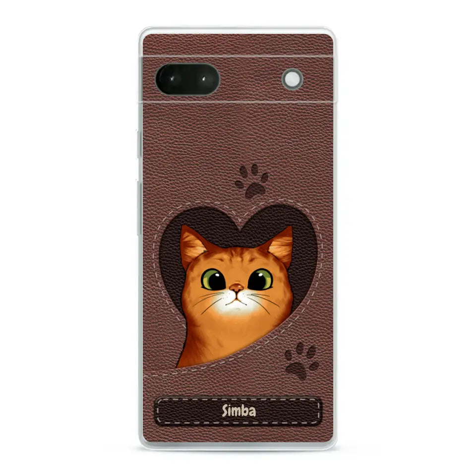 Cat heart leather look - Personalised Phone Case