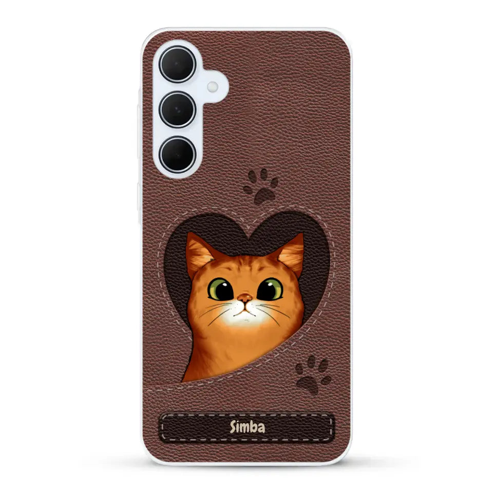 Cat heart leather look - Personalised Phone Case