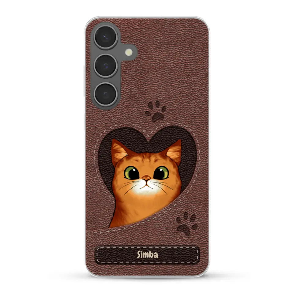 Cat heart leather look - Personalised Phone Case