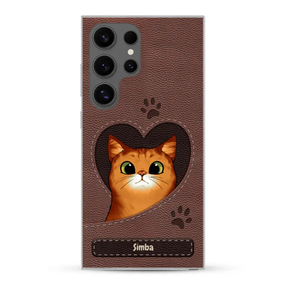 Cat heart leather look - Personalised Phone Case