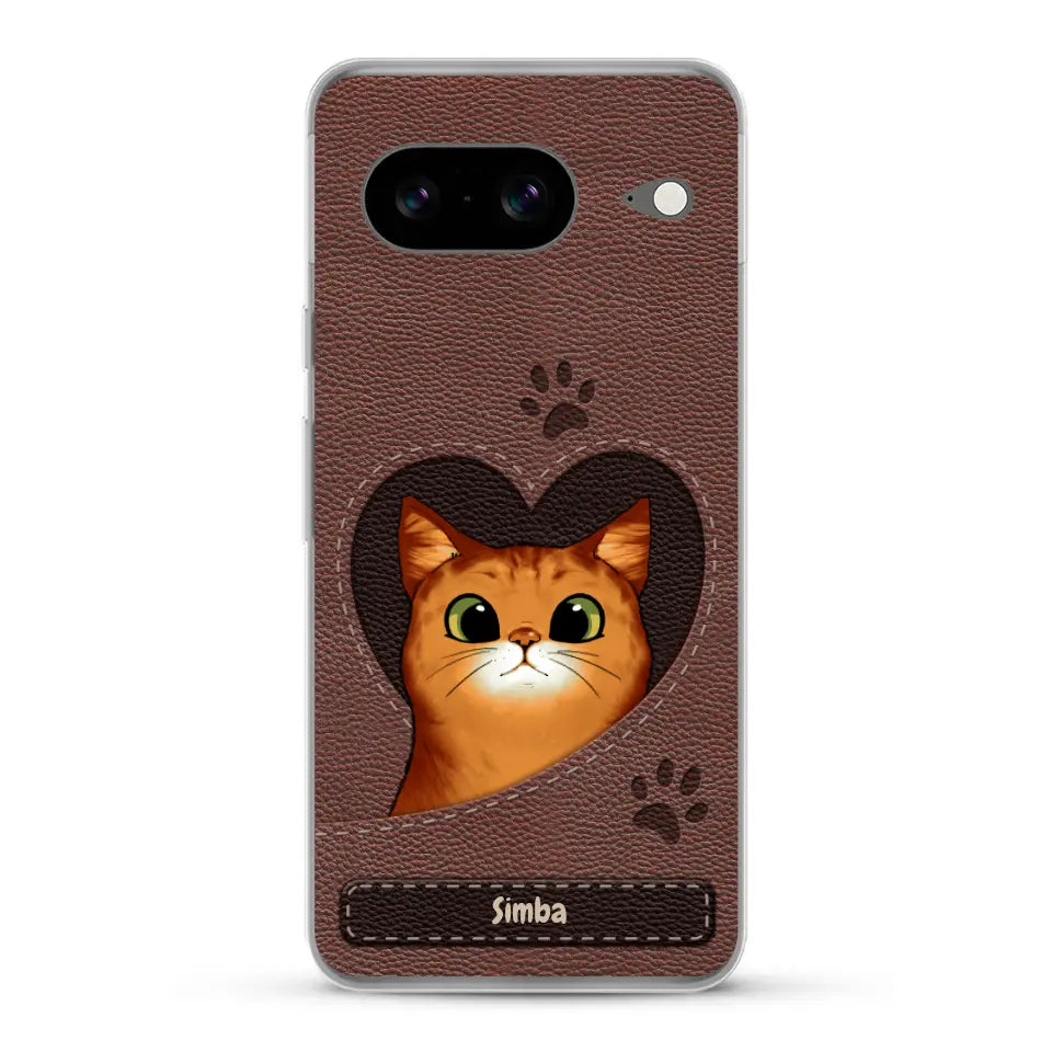 Cat heart leather look - Personalised Phone Case