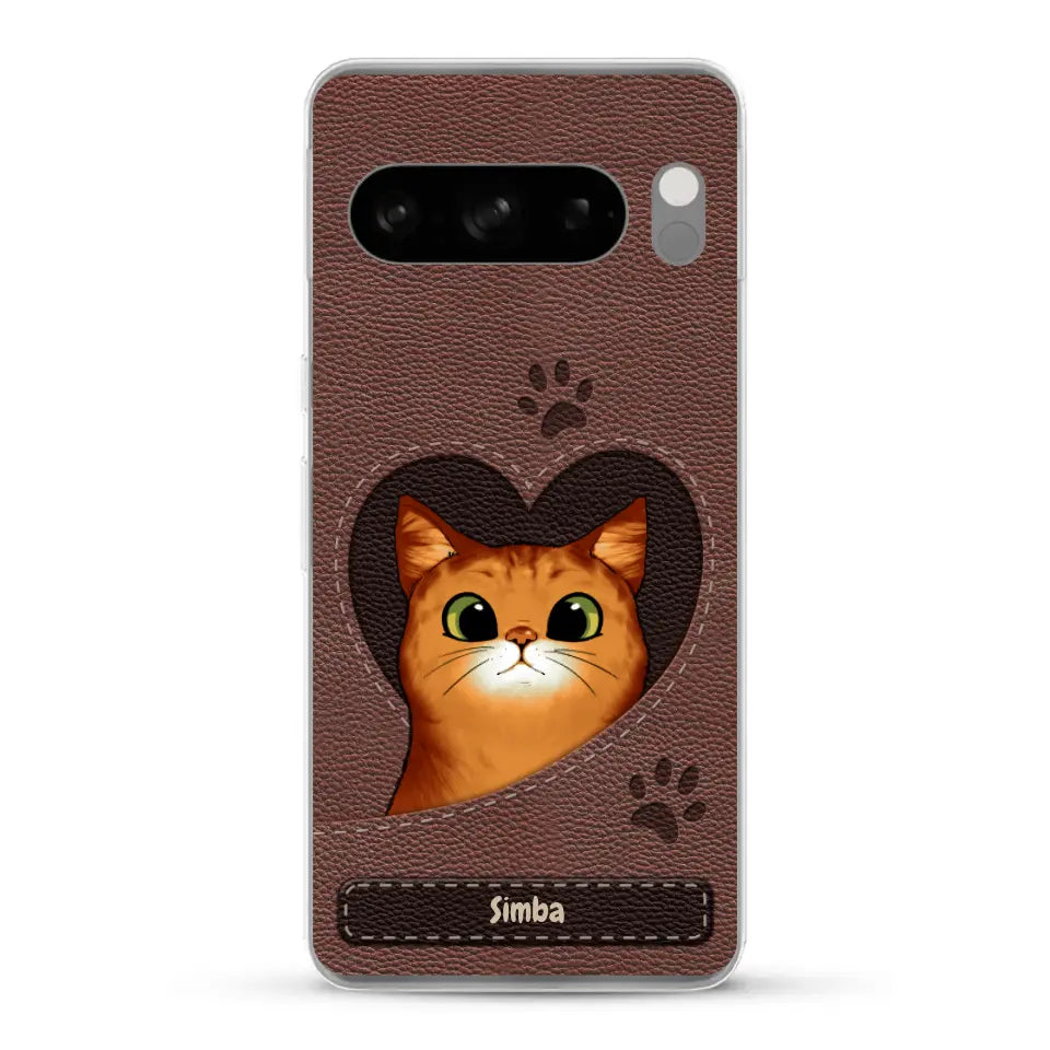 Cat heart leather look - Personalised Phone Case