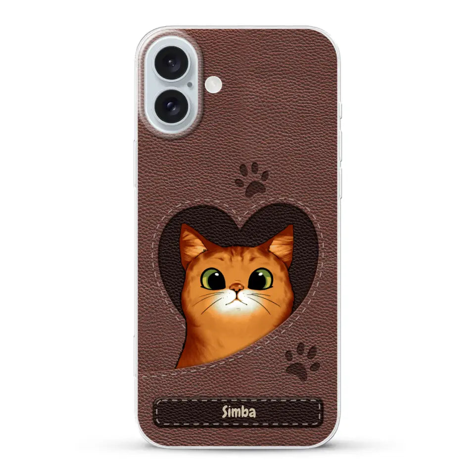 Cat heart leather look - Personalised Phone Case