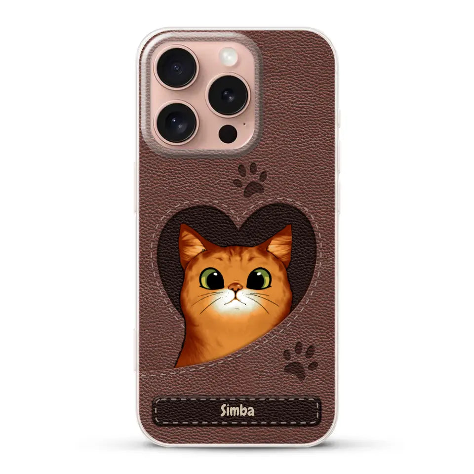 Cat heart leather look - Personalised Phone Case