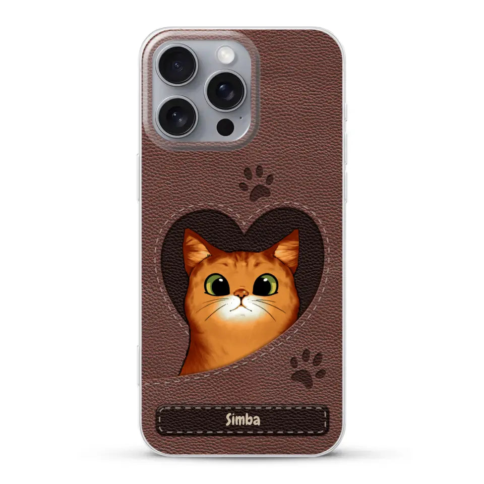 Cat heart leather look - Personalised Phone Case